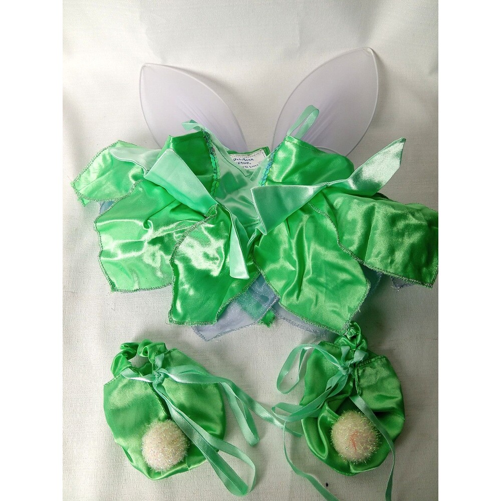 Build A Bear Disney Tinkerbell Green Fairy Costume Dress Wings Shoes Outfit BABW